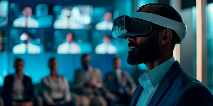 Businessman wearing VR goggles, interacting with a 3D virtual conference room, with avatars of colleagues.