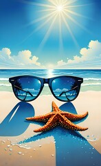 Closeup starfish with sunglasses on the beach of tropical sea or ocean against blue water and sky with space for copy.