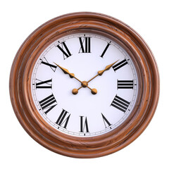 A classic round analog clock with Roman numerals on a white face and wooden frame.