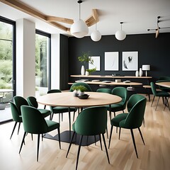 Dining room with green and wood tones, Modern minimalist restaurant or coffeehouse interior, large space cafe mockup for menu template, hotel or eatery area, 3D render