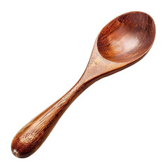 A close-up of a polished wooden spoon, isolated on a black background. The spoon has a classic design and a warm brown color.