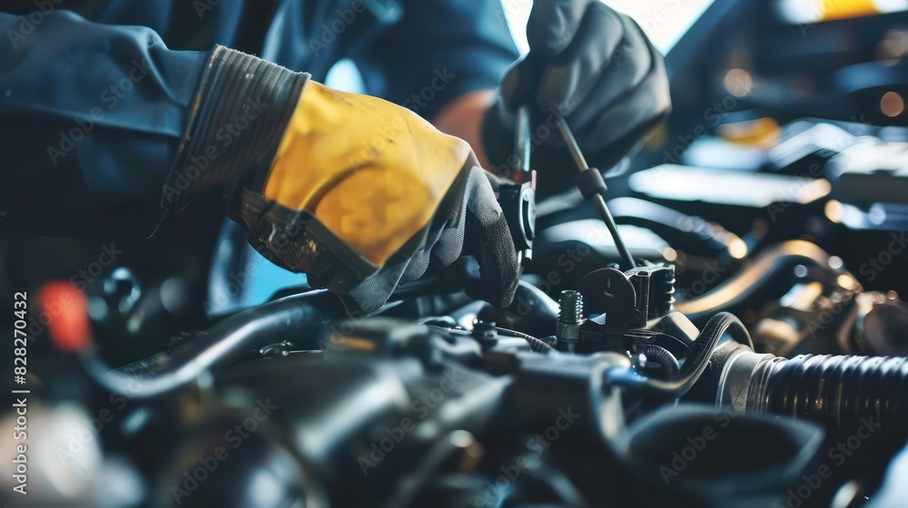 Poster a close-up of an engine component being replaced or repaired by an auto mechanic, showcasing the pre