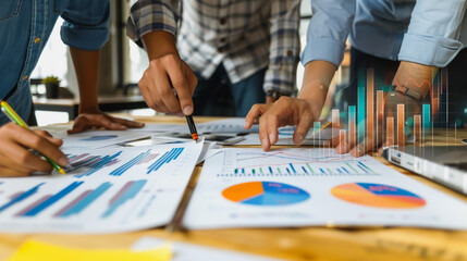 Obraz premium Professional business team working on a project together in the office Using economic growth charts and network connections to accompany the data. in analyzing future trends