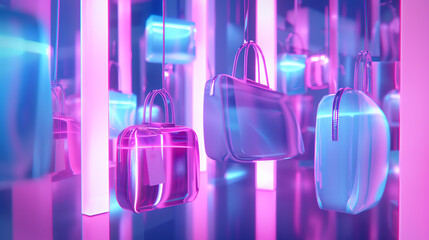 Several neon colored, transparent suitcases hanging in a mirrored room with bright pink and blue lighting.

