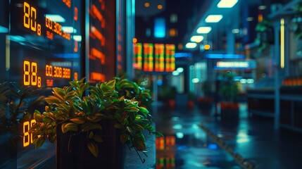 Illuminated digital stock tickers in a vibrant financial district, featuring plants and a futuristic, neon-lit environment.