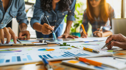 Fototapeta premium Professional business team working on a project together in the office Using economic growth charts and network connections to accompany the data. in analyzing future trends