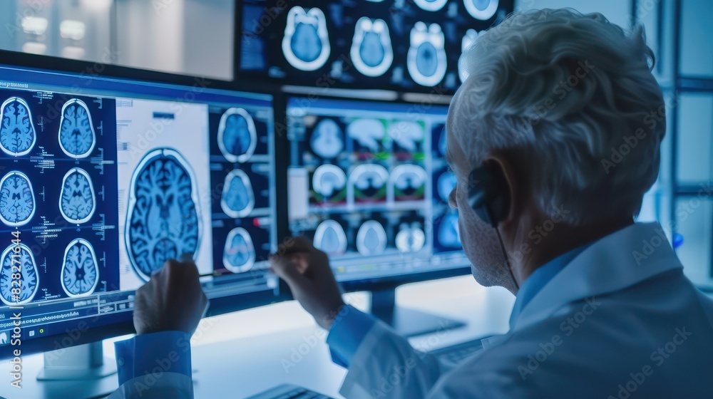 Poster a close-up of a scientist or researcher examining brain scans on a computer screen, emphasizing the 