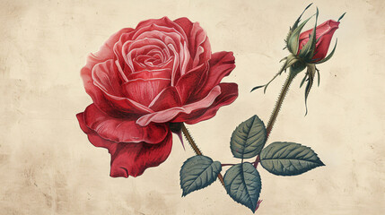 Illustration of a vintage red rose graphic motif