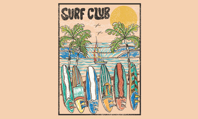 Beach wave artwork. Surfing board. Summer abstract art. Sunshine paradise graphic print design. Tropical vibes design  for fashion and others. summer slogan t-shirt. Surf club design.