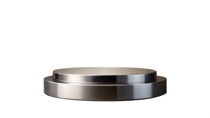 Sleek Silver Podium – Round Base: A modern, sleek silver metal podium with a round base, perfect for showcasing luxury products.
