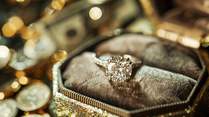 A close up of a diamond ring in a tan ring box. The ring is surrounded by money and other jewelry.


