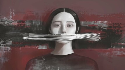 Freedom of speech conceptual painting artwork, a woman with taped mouth representing censorship and abuse, Horizontal illustration (16:9)