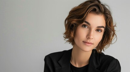 Fototapeta premium Fashionable business woman in black blazer with short hair looking aside in studio portrait shot