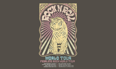 Tiger rock and roll vintage artwork.  Tiger fearless artwork. Wild attitude is everything. Wild animal graphic hand sketch for music poster.