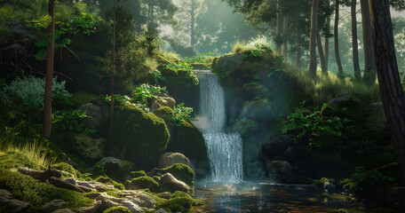 Naklejka premium there is a waterfall in the middle of a forest with rocks and trees