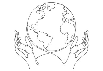 save world concept in one line drawing continuous with caring hands