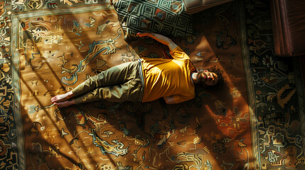 arafed man laying on a rug on a sunny day