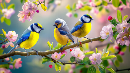 Fototapeta premium three birds sitting on a branch of a tree with pink flowers