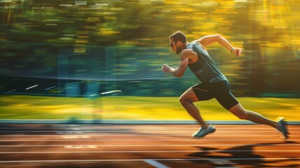 Healthy Lifestyle Man Running on Track in Front of Green Field with Sun in Background