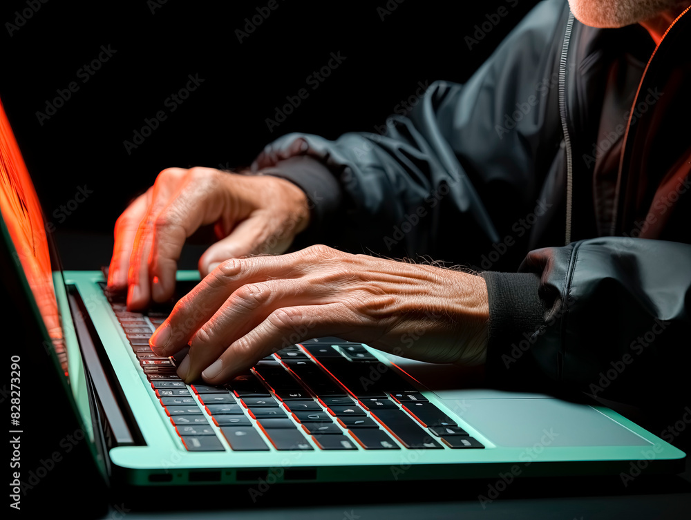 Poster close-up of hands typing on a laptop keyboard, illuminated in red, against a dark background, depict