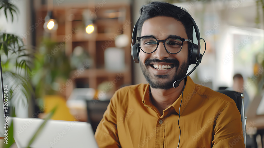 Poster happy indian call center agent with a headset chatting with a client in a customer support office. p