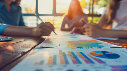 Professional business team working on a project together in the office Using economic growth charts and network connections to accompany the data. in analyzing future trends