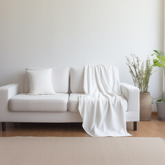 there is a white couch with a blanket on it in a room