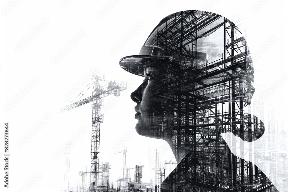 Poster building construction engineering with double exposure graphic design, construction workers with civ