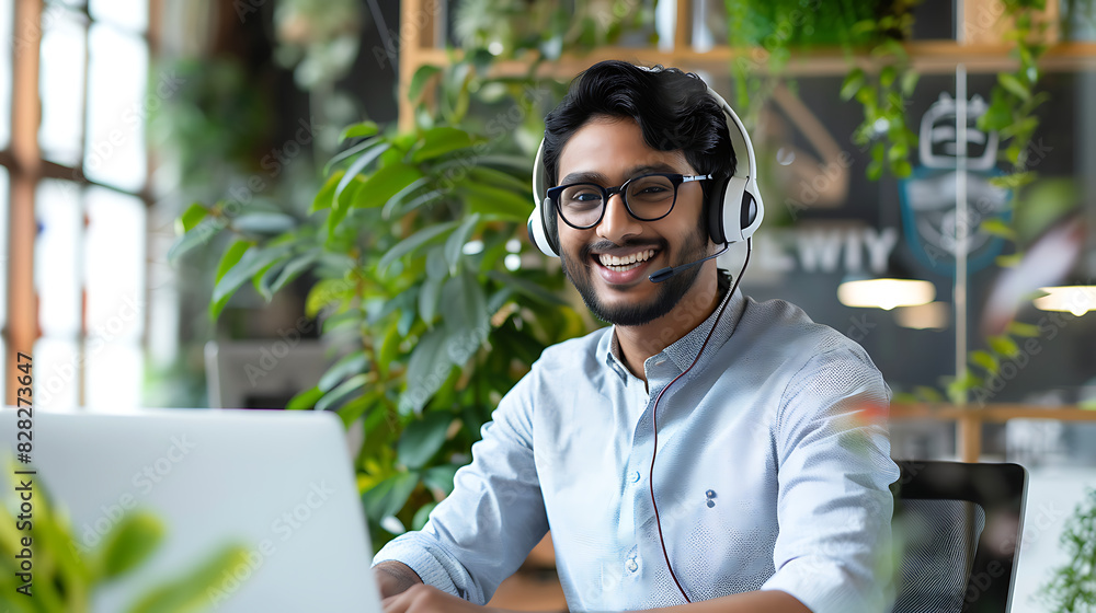 Poster happy indian call center agent with a headset chatting with a client in a customer support office. p