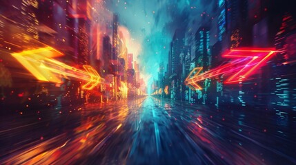 Futuristic path with neon lights, digital arrows, and modern cityscape embracing vibrant colors and dynamic motion blur.