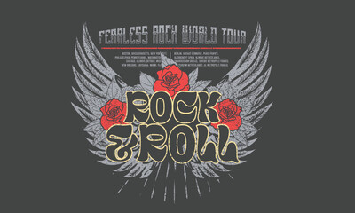 Bird wing with rose flower vintage artwork for apparel, stickers, posters, background and others. Eagle music poster design.  Fearless rock tour artwork. 