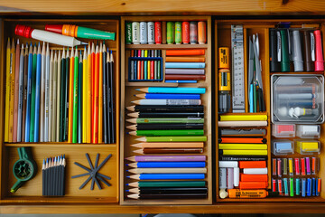 Organized Wooden Drawer Filled with Art Supplies Reflecting an Artist's Creative Space and Attention to Detail