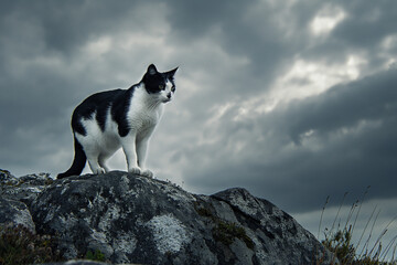 there is a black and white cat standing on a rock