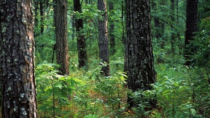 A densely wooded area with tall trees offering protection and resources for squirrels chipmunks and other woodland creatures.