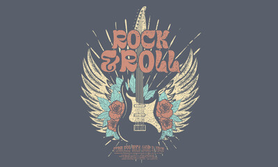 Bird wing with rose flower vintage artwork for apparel, stickers, posters, background and others.  Rock star vintage artwork. Eagle music poster design.