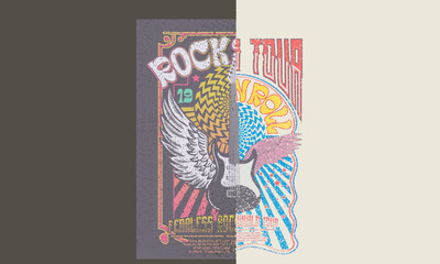 Rock star vintage artwork. Eagle music poster design. Bird wing with rose flower vintage artwork for apparel, stickers, posters, background and others. Rock world tour artwork. 