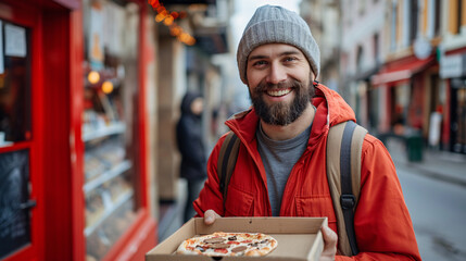 Male deliveryman holding a pizza box for a contactless delivery