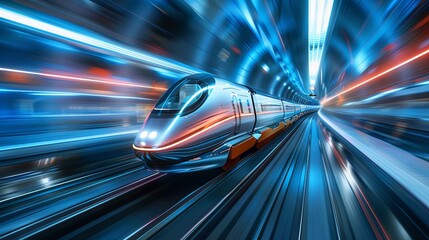 Fototapeta premium Hyperloop Train: Magnetic Levitation Transport in a Vacuum Hyperloop train revolutionizing future transport with high-speed rail travel.