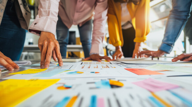 Professional business team working on a project together in the office Using economic growth charts and network connections to accompany the data. in analyzing future trends
