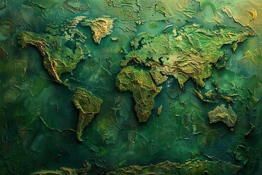 Artistic topographic world map showcasing detailed geographic features in rich green tones, highlighting continents and landforms.