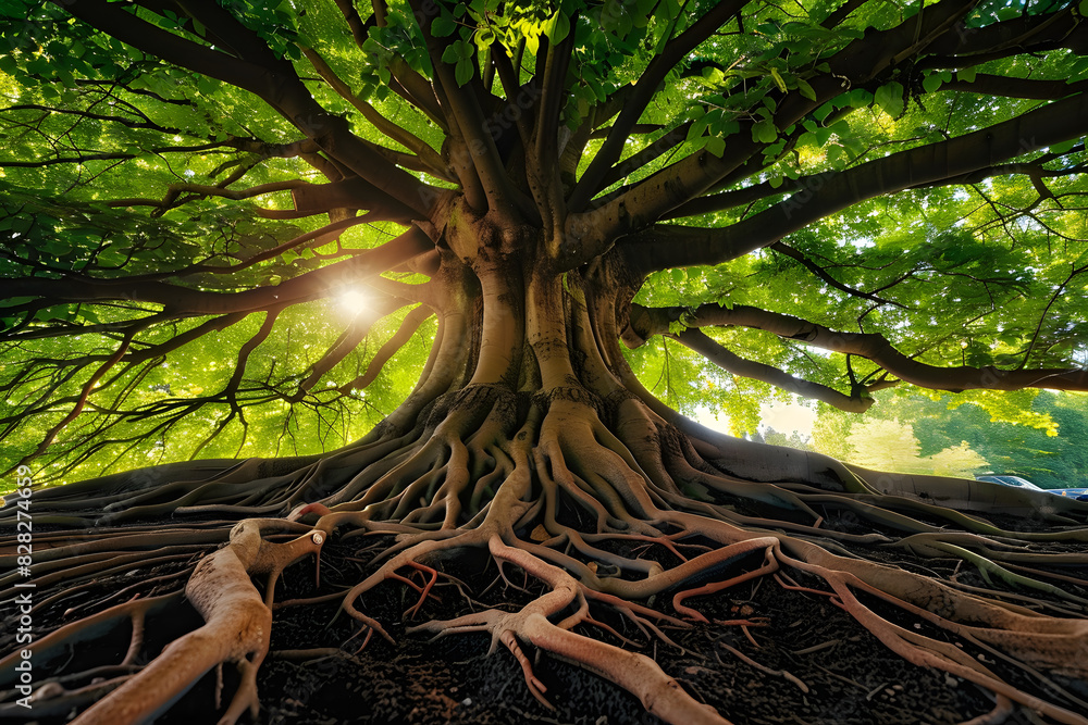 Poster a sizable tree with copious roots lining its sides, bathed in sunlight filtering through its branche