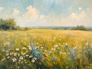 painting of a field of wildflowers and other flowers in a sunny day