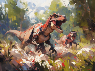 Obraz premium painting of a dinosaur with a man riding on it