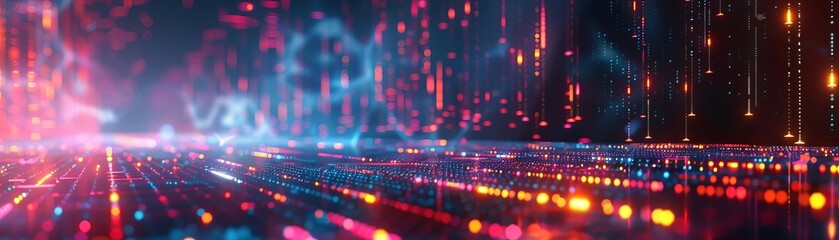 Colorful abstract digital landscape with glowing lines and dots, representing futuristic technology and data visualization.