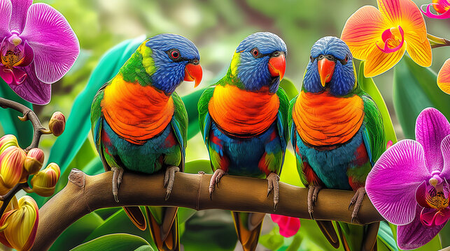 three colorful birds sitting on a branch with orchides in the background