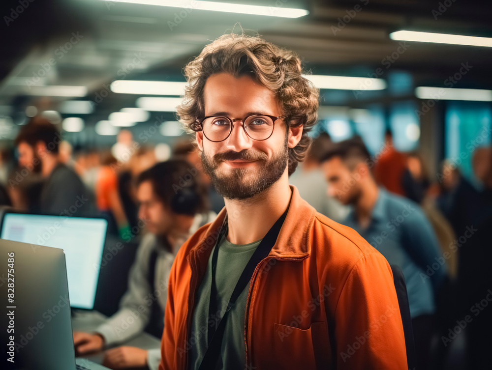 Poster a man with glasses smiling at the camera in a busy office, warm tones in the background, concept of 
