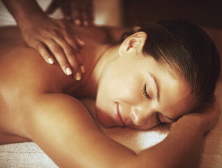 Hands, relax and woman for massage in spa for wellness, pamper treatment and hospitality in resort....