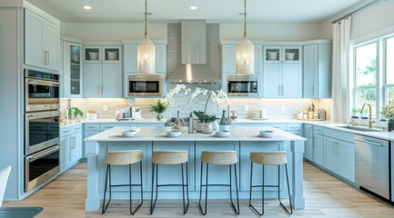 Fototapeta premium Modern kitchen design featuring light blue cabinets, a large white island with ample countertop space, and contemporary bar stools that add a touch of sophistication to the room