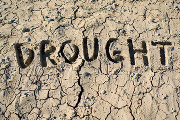 Close up of dry ckracked earth with text 'Drought'