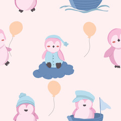 Cute Penguin Bird Illustration Seamless Pattern